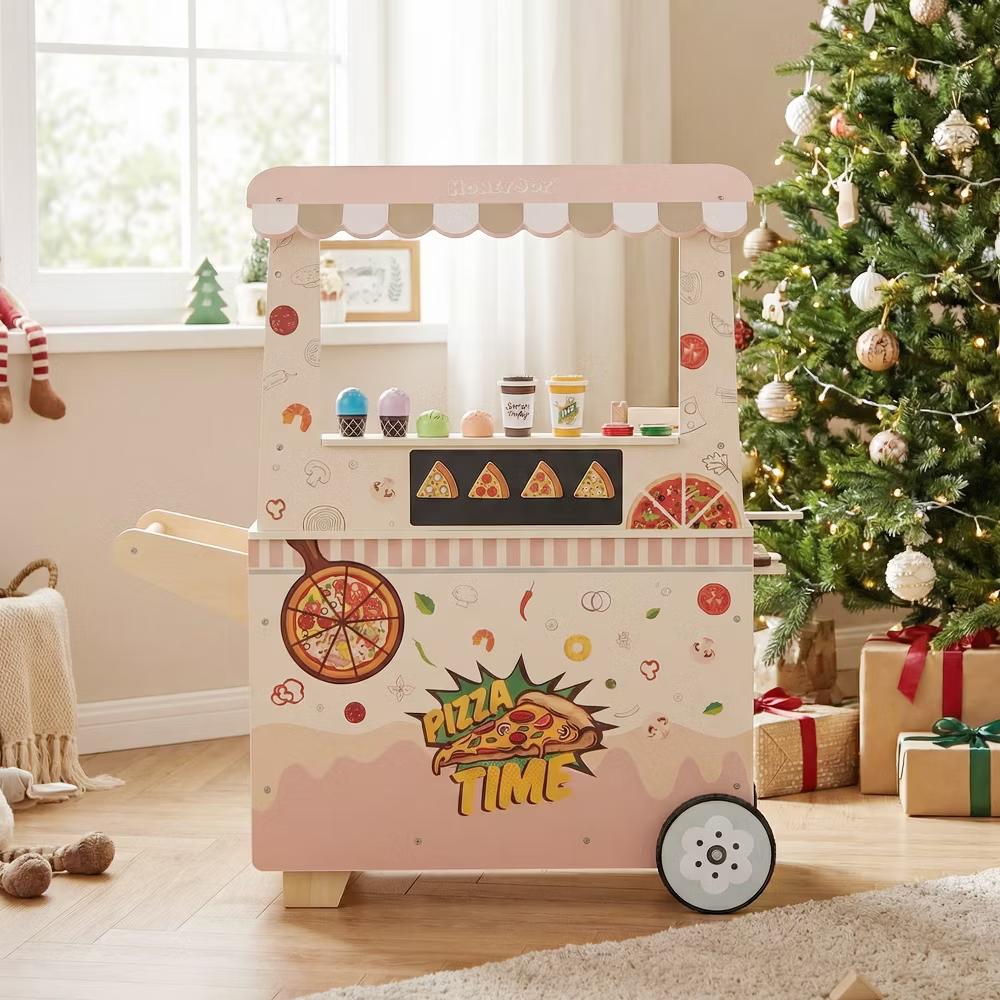 2 in 1 Pretend Play Food Truck Kids Ice Cream & Pizza Cart w/ Canopy Oven - Image 4