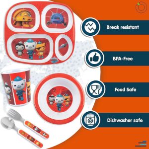 Octonauts 5 Pcs Mealtime Divided Plate Feeding Set for Kids & Toddlers-Terra Gups- Includes Plate w/ 4 Compartments & Utensil Flatware-Dishwasher Safe