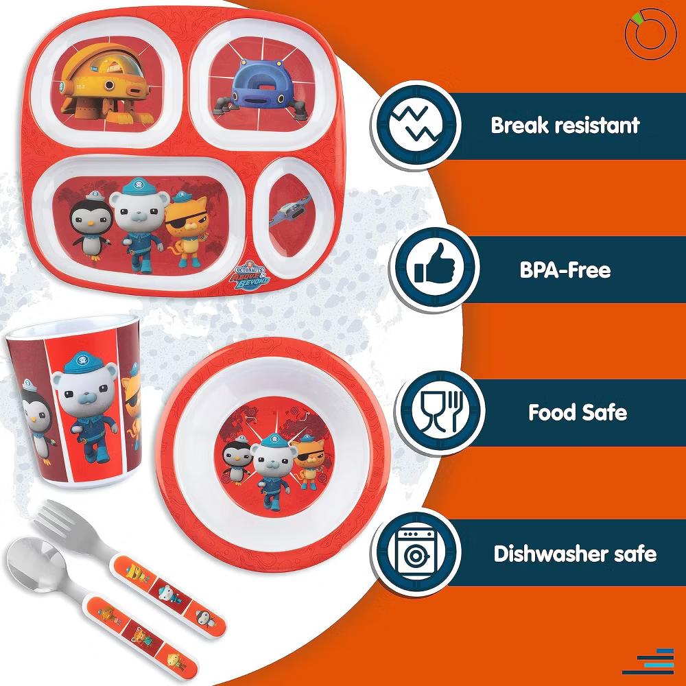Octonauts 5 Pcs Mealtime Divided Plate Feeding Set for Kids & Toddlers-Terra Gups- Includes Plate w/ 4 Compartments & Utensil Flatware-Dishwasher Safe
