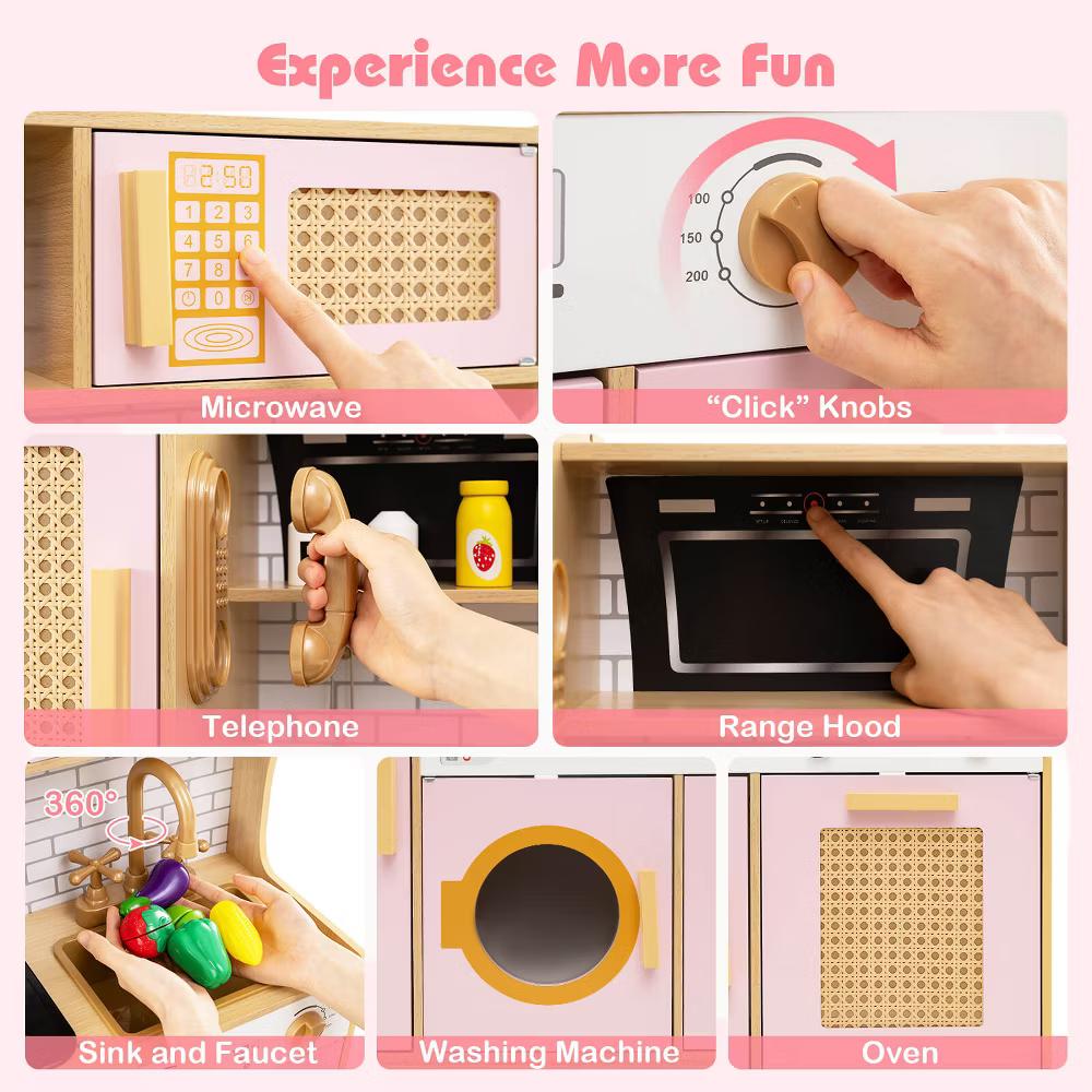 Wooden Kids Kitchen Playset Pretend Play Kitchen with Real Sounds Lights Pink/Yellow - Image 7