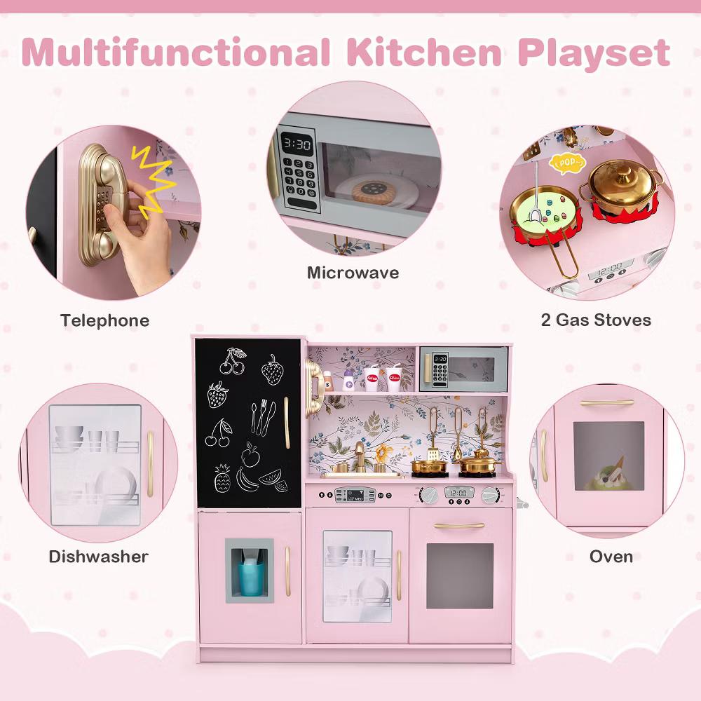 Kid's Pretend Play Kitchen Toddler Kitchen Playset with Blackboard Pink/White/Light Pink/Beige - Image 42