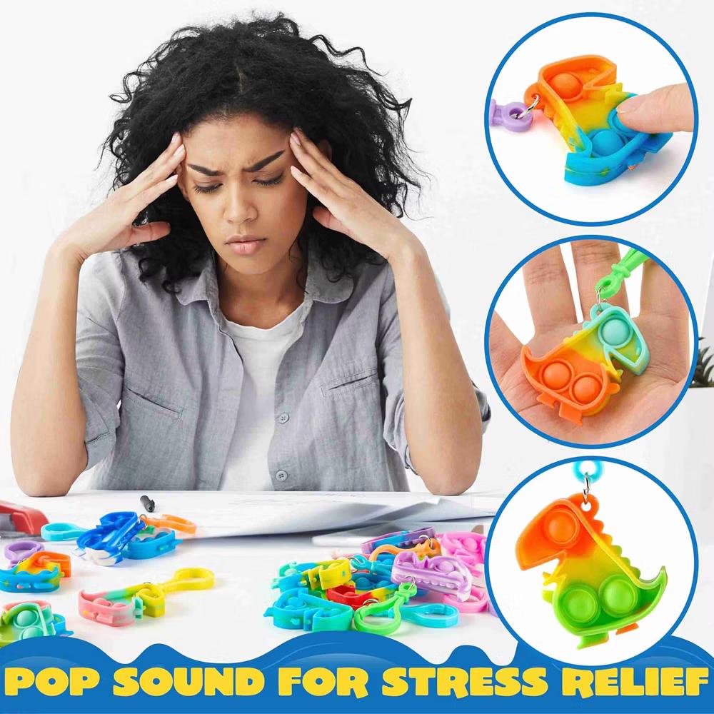 30 Pack Kids Party Favors Dinosaur Pop Fidget Keychain Mini Fidget Toys, Stress Relief Sensory Toy, Classroom Prizes, Bulk Gifts for Christmas - Image 5