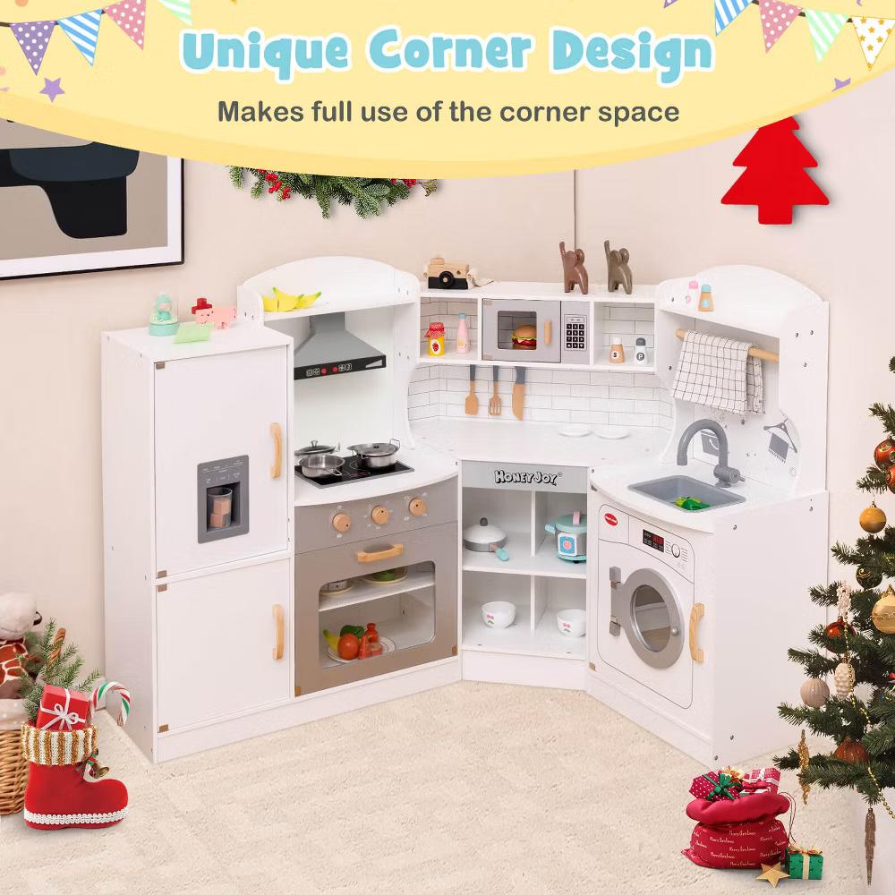 Corner Play Kitchen Toddler Kitchen Playset with Range Hood, Ice Maker, Microwave White/Pink - Image 36