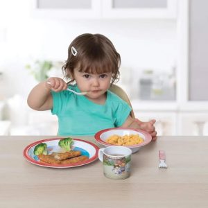 Daniel Tiger 5 Pc Mealtime Feeding Set for Kids and Toddlers - Includes Plate, Bowl, Cup, Fork and Spoon Utensil Flatware - Durable(Red)