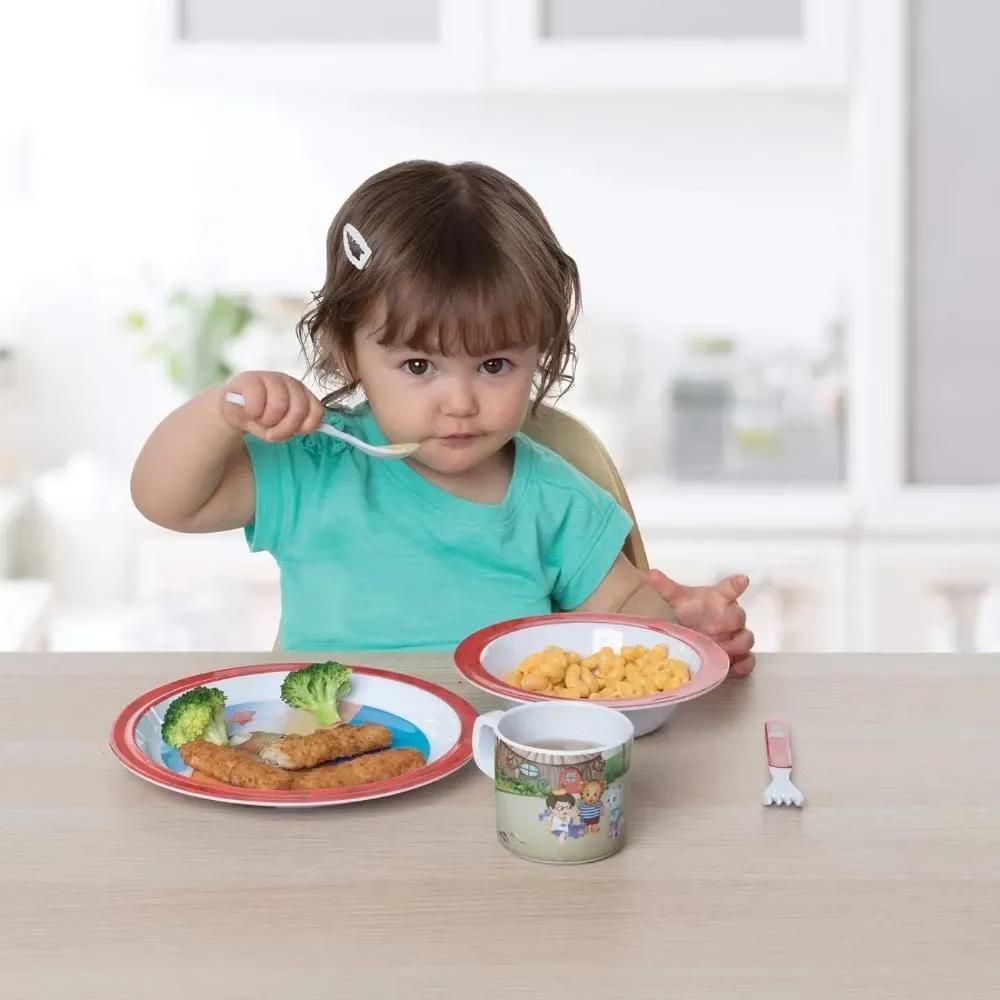 Daniel Tiger 5 Pc Mealtime Feeding Set for Kids and Toddlers - Includes Plate, Bowl, Cup, Fork and Spoon Utensil Flatware - Durable(Red)