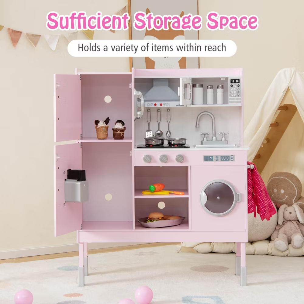 Kids Pretend Kitchen Play Set Toddler Toy Wooden Chef Height Adjustable with Sounds - Image 8