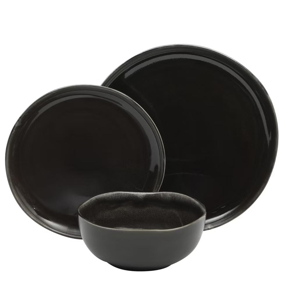 Soho Lounge Nardini 12 Piece (Service for 4) Plates and Bowls Reactive Glaze Dishes Stoneware Ceramic Dinnerware Set - Black and Blue - Image 6
