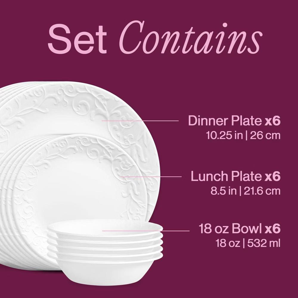 18pc Vitrelle Embossed Bella Faenza Dinnerware Set White: Floral Pattern, Service for 6, Dishwasher & Microwave Safe - Image 8