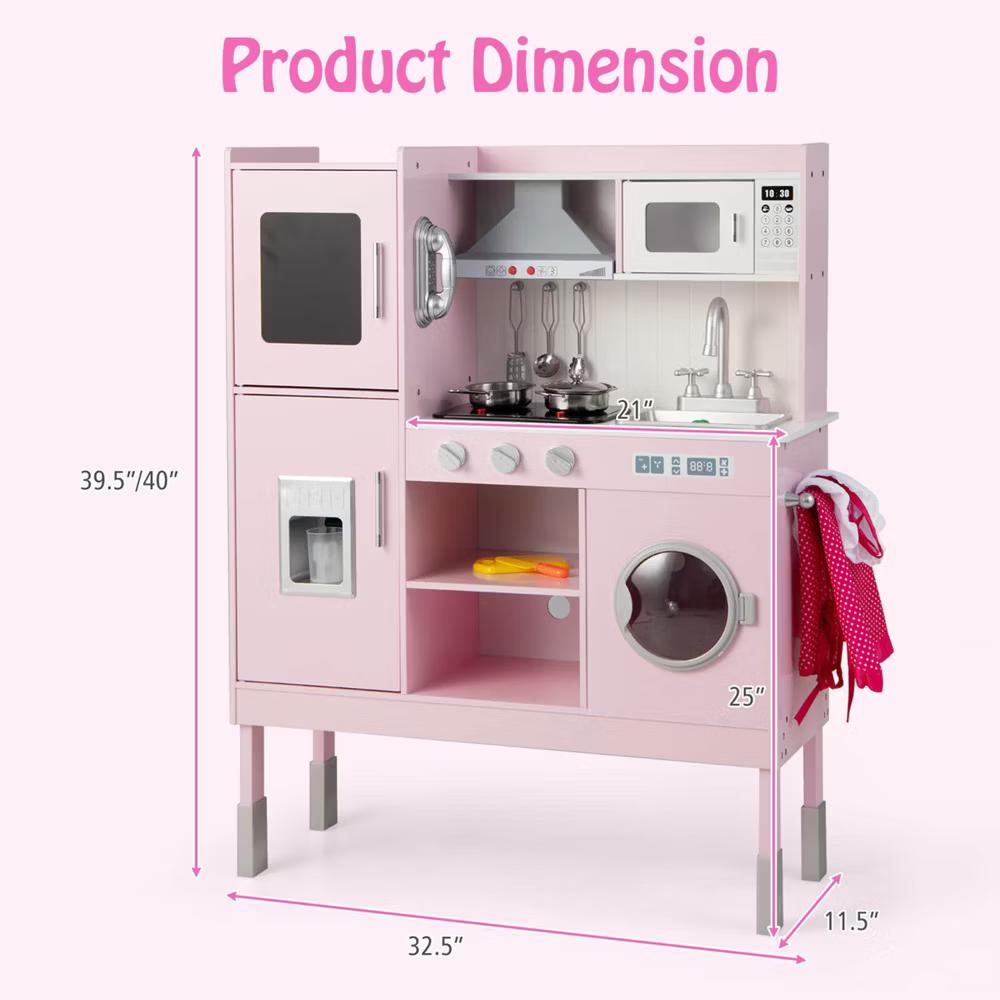 Kids Pretend Kitchen Play Set Toddler Toy Wooden Chef Height Adjustable with Sounds - Image 3