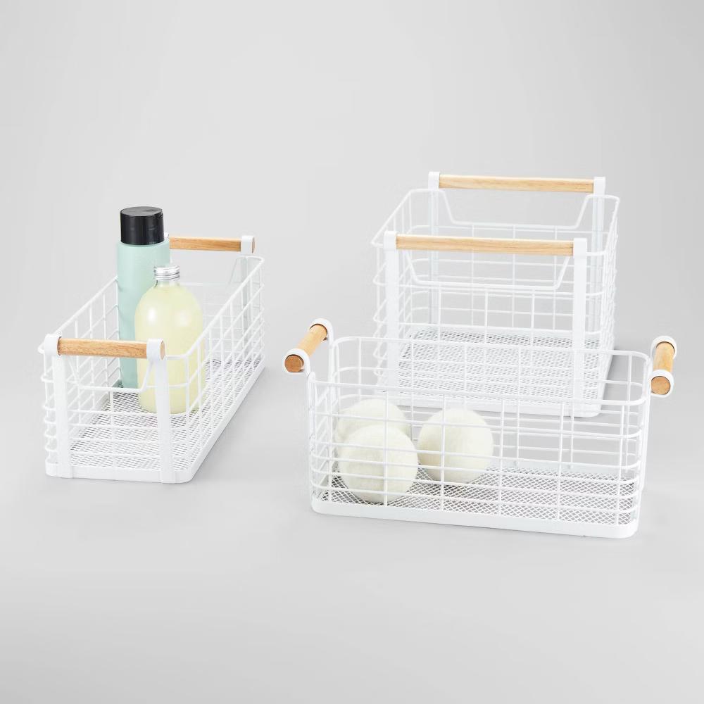 Rectangular Wire Natural Wood Handles Basket - Image 19
