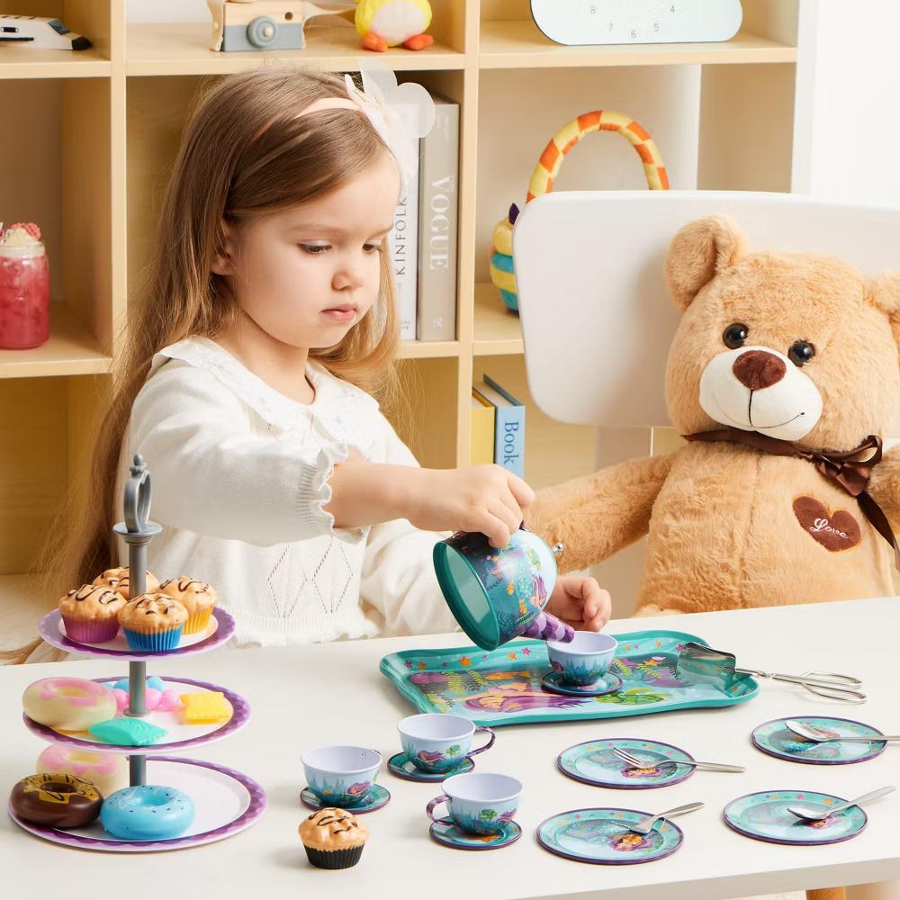 35Pcs Mermaid Tea Party Set for Girls,with Pretend Tin Teapot Set, Princess Tea Time Play Kitchen Toy,Best Birthday Gifts for Kids Age 3-6 - Image 7