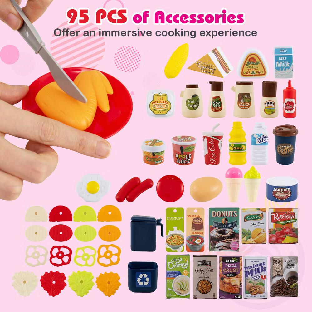 Kids Kitchen Playset with Realistic Sounds Lights Play Sink 95 PCS Accessories Blue/Pink - Image 18