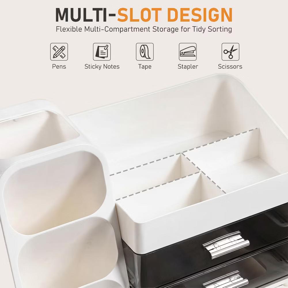 Desktop Organizer with Pen Holder, Multi-Grid Stationary Storage Caddy with 2 Clear Drawers for Office Supplies & Makeup - Image 12