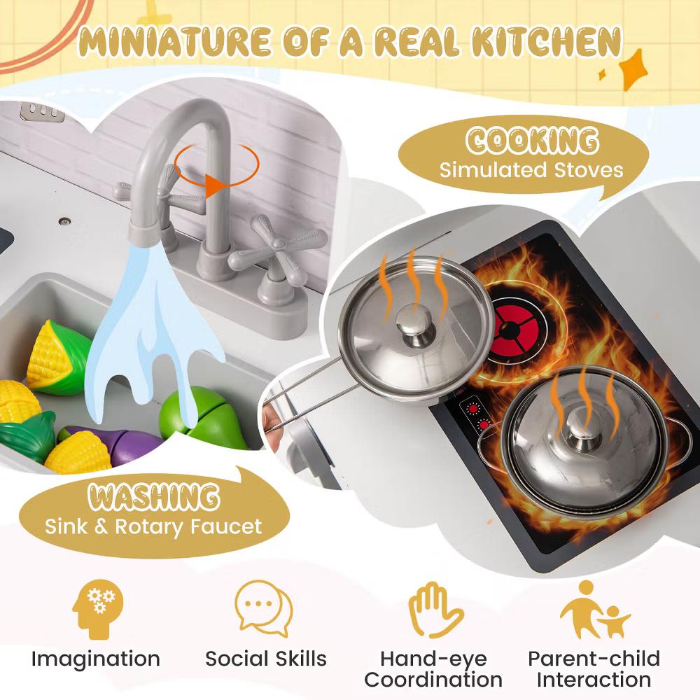 Kids Play Kitchen Toy Set w/ Water Dispenser Sink Faucet Microwave Oven Utensils - Image 9
