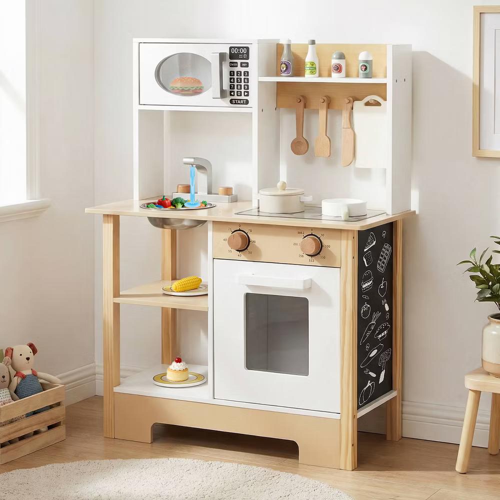 Play Kitchen with Chalkboard Microwave Stove Dish Rack Faucet Sink Accessories White + Natural/Blue/Green + White - Image 11