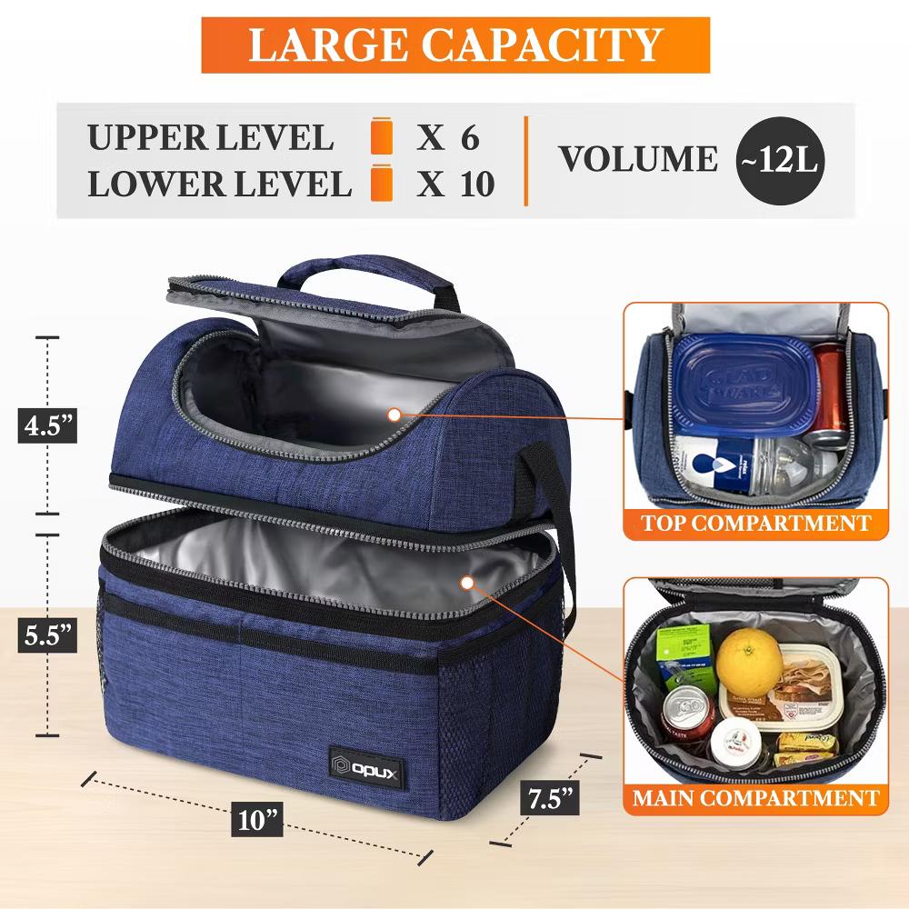 Double Decker Lunch Box Men Women, Insulated Leakproof Cooler Bag Adult Work, Dual Compartment Pail Tote Boys Girls Kids - Image 70