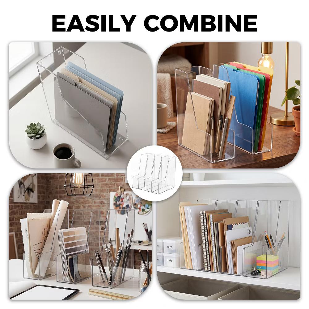 4 Slot Clear Acrylic File Organizer, Vertical Plastic Magazine Holder Desk File Sorter, Multi Compartment Document Folder Rack for Office Home