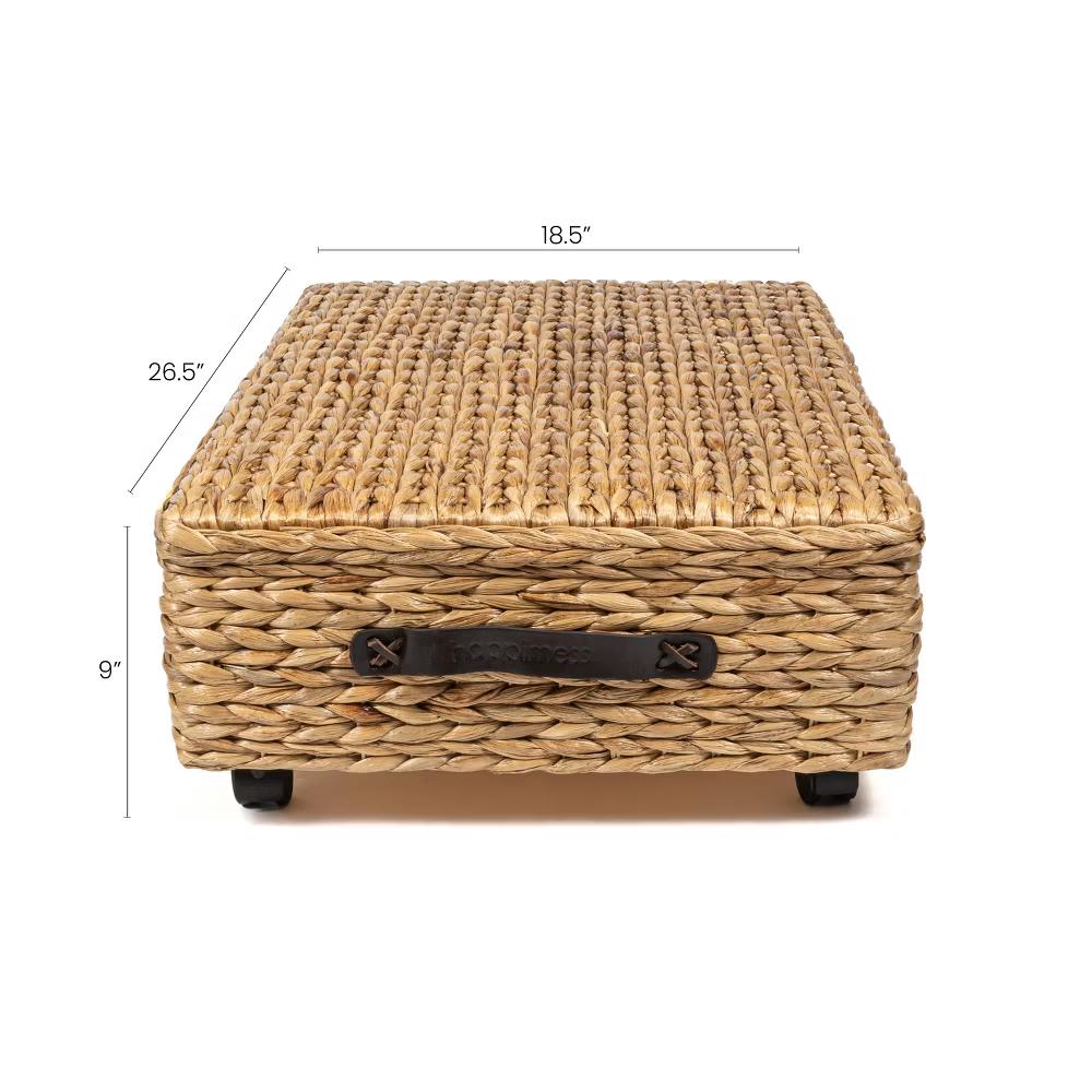happimess Chett Minimalist Hand-Woven Hyacinth/Wood Underbed Storage Bin with Wheels and Handles - Image 16