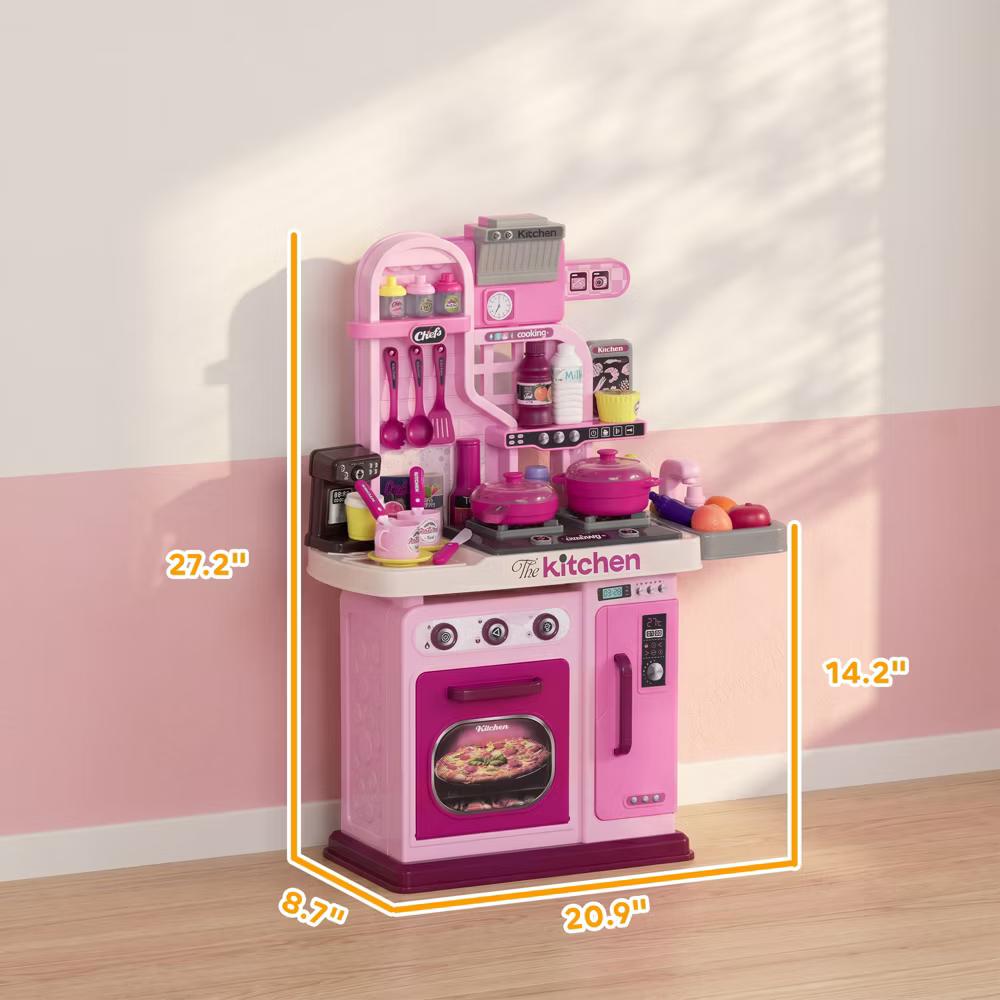 Qaba Play Kitchen, Kids Kitchen Playset, Toy Kitchen with Lights, Sounds, 33 Accessories, Storage, Interactive Playset for Toddler 3-6 Years - Image 8
