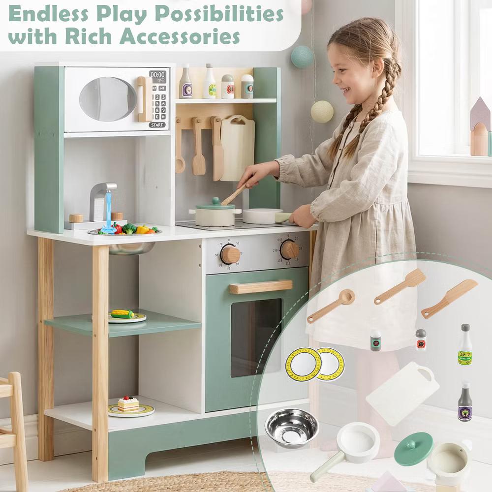 Play Kitchen with Chalkboard Microwave Stove Dish Rack Faucet Sink Accessories White + Natural/Blue/Green + White - Image 2