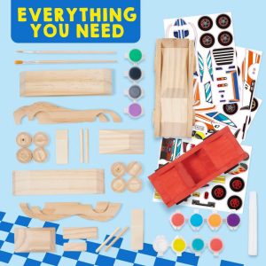 4PCS Wooden Build & Paint Race Cars Wood Arts Crafts Kit for Kids Wood Race Car Toys Halloween Christmas Easter Birthday Gift for Boys Age 8+