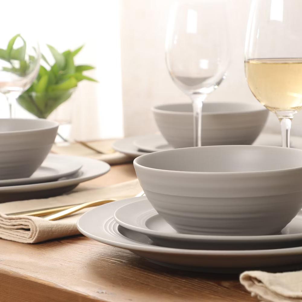 Soleil 12 Piece Linen White Stoneware Dinnerware Set for 4, Plates and Bowls Set with Dinner Plates, Salad Plates and Bowls - Image 9