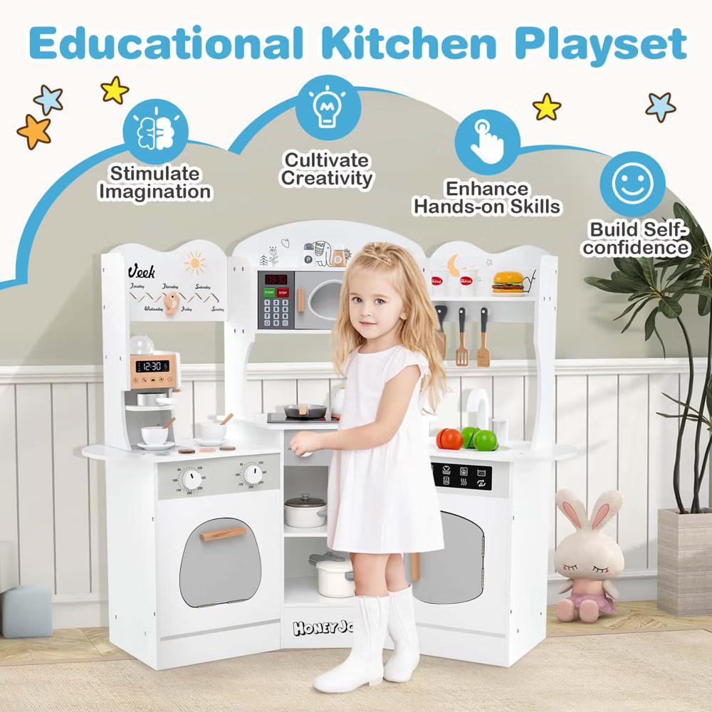 Corner Kitchen Playset with Coffee Machine Oven Microwave Washing Machine White/Brown/Pink - Image 30