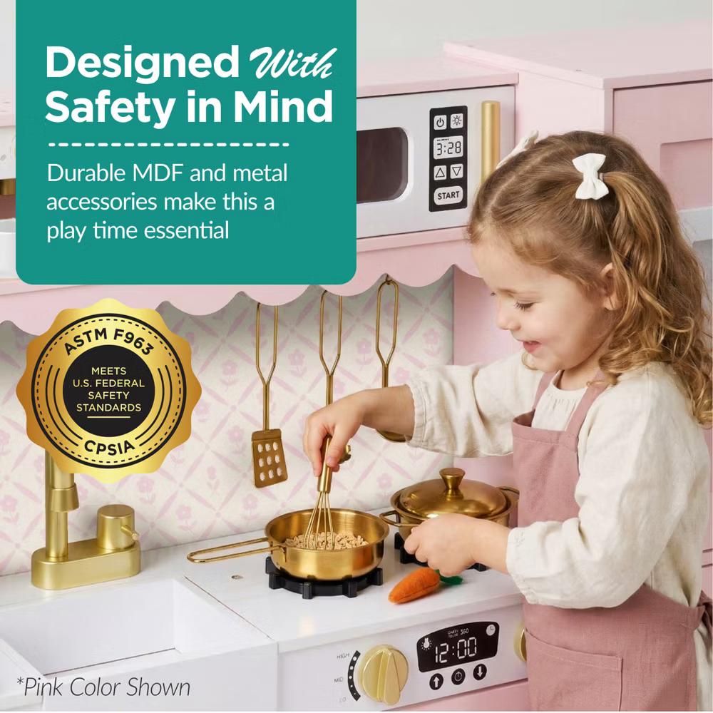 Wooden Cottage Kids Pretend Play Kitchen with 11 Accessories, Espresso Machine - Pink - Image 35