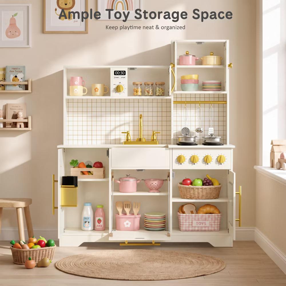 Wooden Play Kitchen with Running Water Sink, Clicking Stove Knobs, Microwave, Oven, Ice Maker & Storage, Ages 3+ - Image 5