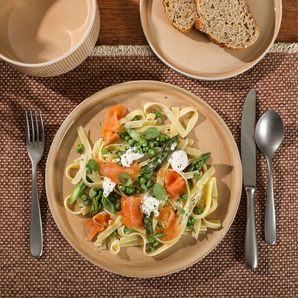 Solana Coast 12 Piece Stoneware Reactive Glaze (Service for 4) Ceramic Plates and Bowls Modern Shape Embossed Dinnerware Set - Image 9