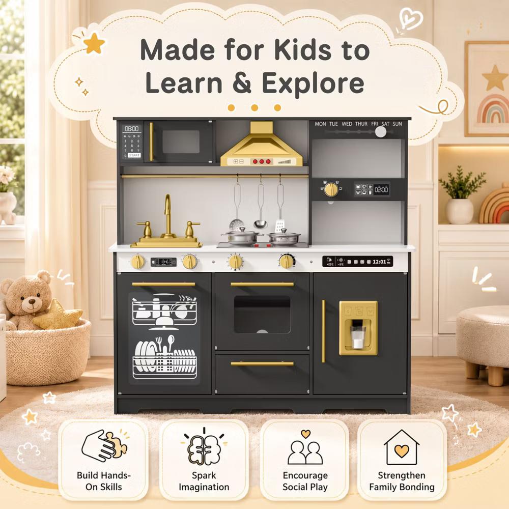 Wooden Play Kitchen for Kids with Running Water Sink, Interactive Stove, Ice Maker, Microwave, Oven & Dishwasher, Ages 3+ - Image 20