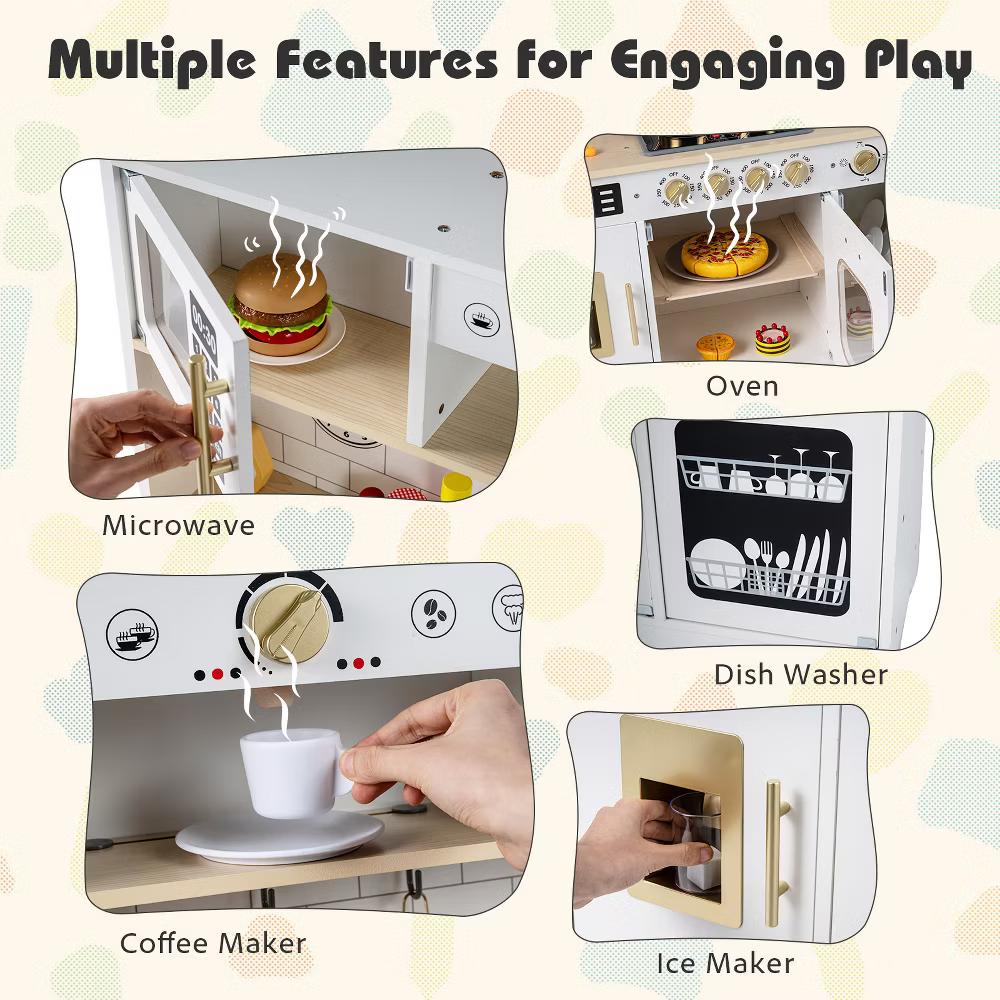 Play Kitchen for Kids, Wooden Kitchen Playset with Realistic Lights & Sounds White/Black - Image 12