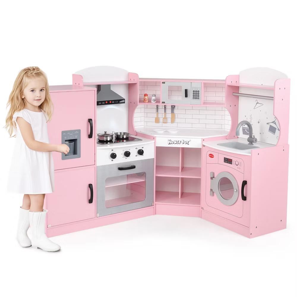 Corner Play Kitchen Toddler Kitchen Playset with Range Hood, Ice Maker, Microwave White/Pink - Image 22