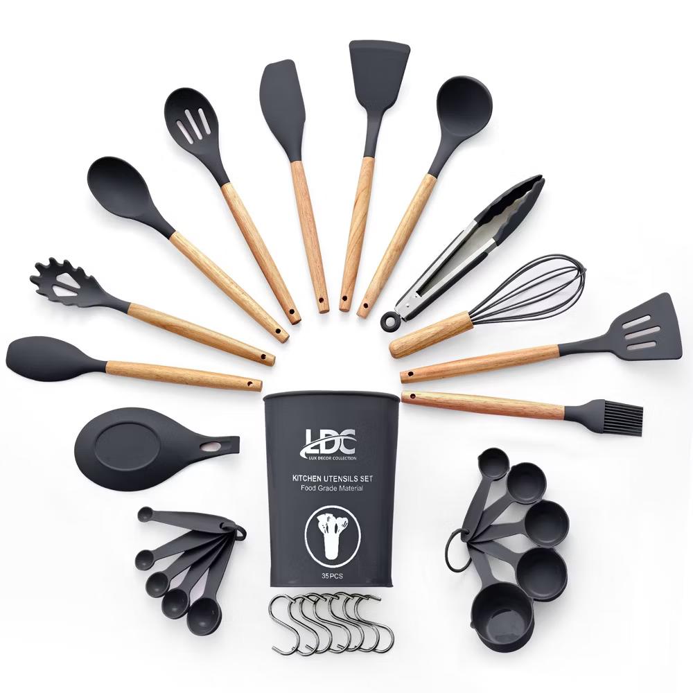 Lux Decor Cooking Utensil Set 35 Piece Silicone and Wood Kitchen Utensil Set with Holder Non Stick Kitchen Gadgets & Tools - Image 3