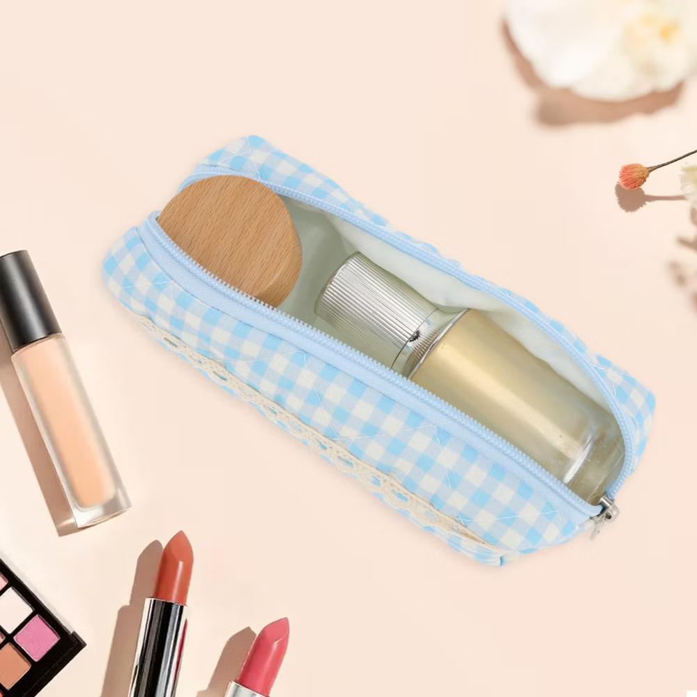 1 Pc Plaid Lace Style Drawstring Makeup Bag for Vacation Polyester - Image 5