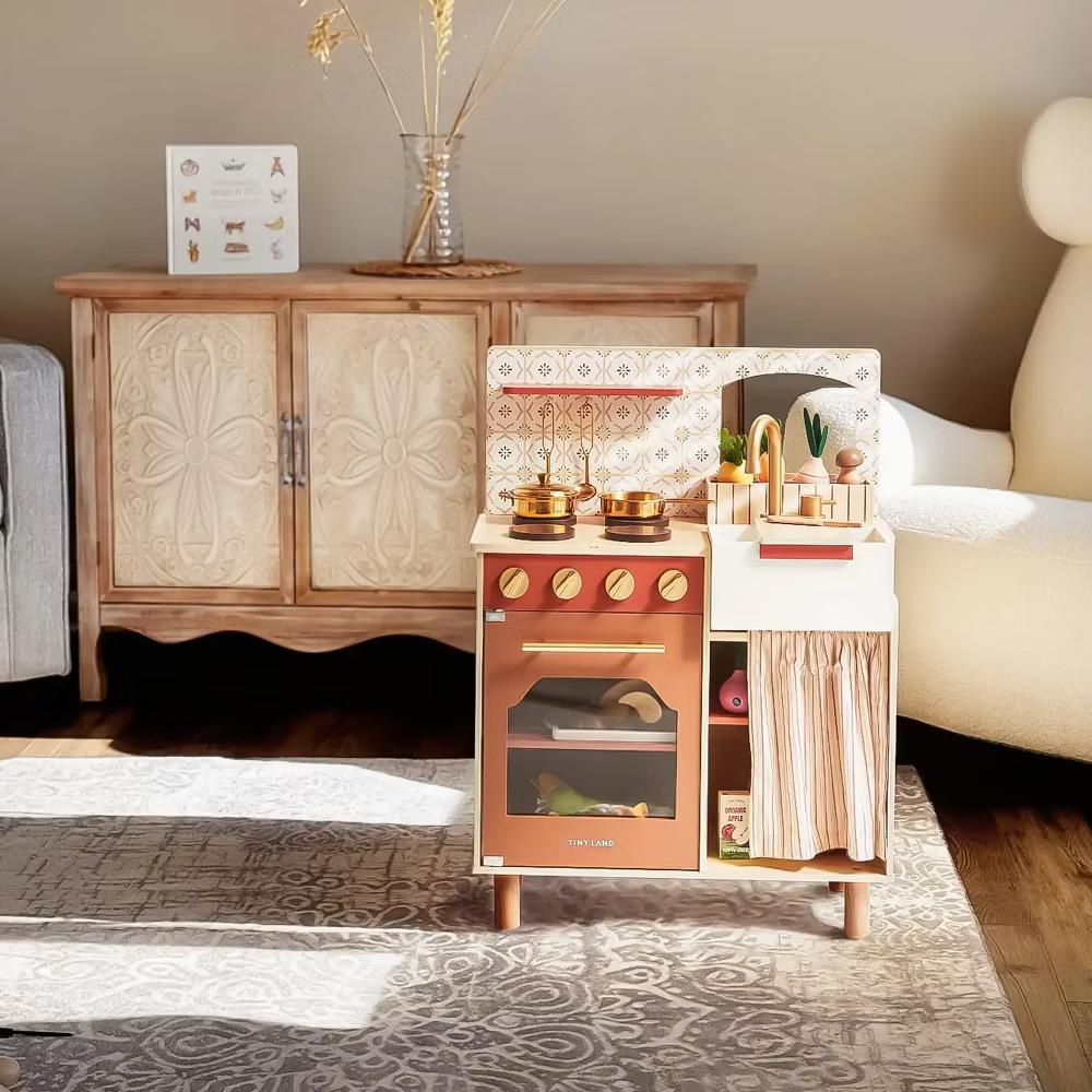 Mediterranean Play Kitchen for Toddlers - Wooden Kids Kitchen Playset with Cutting Food & Cookware - Image 6
