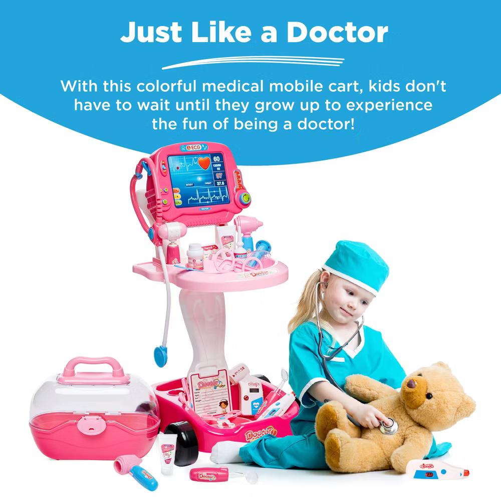 Play Doctor Kit for Kids, Pretend Medical Station Set with Carrying Case, Mobile Cart - Blue - Image 10