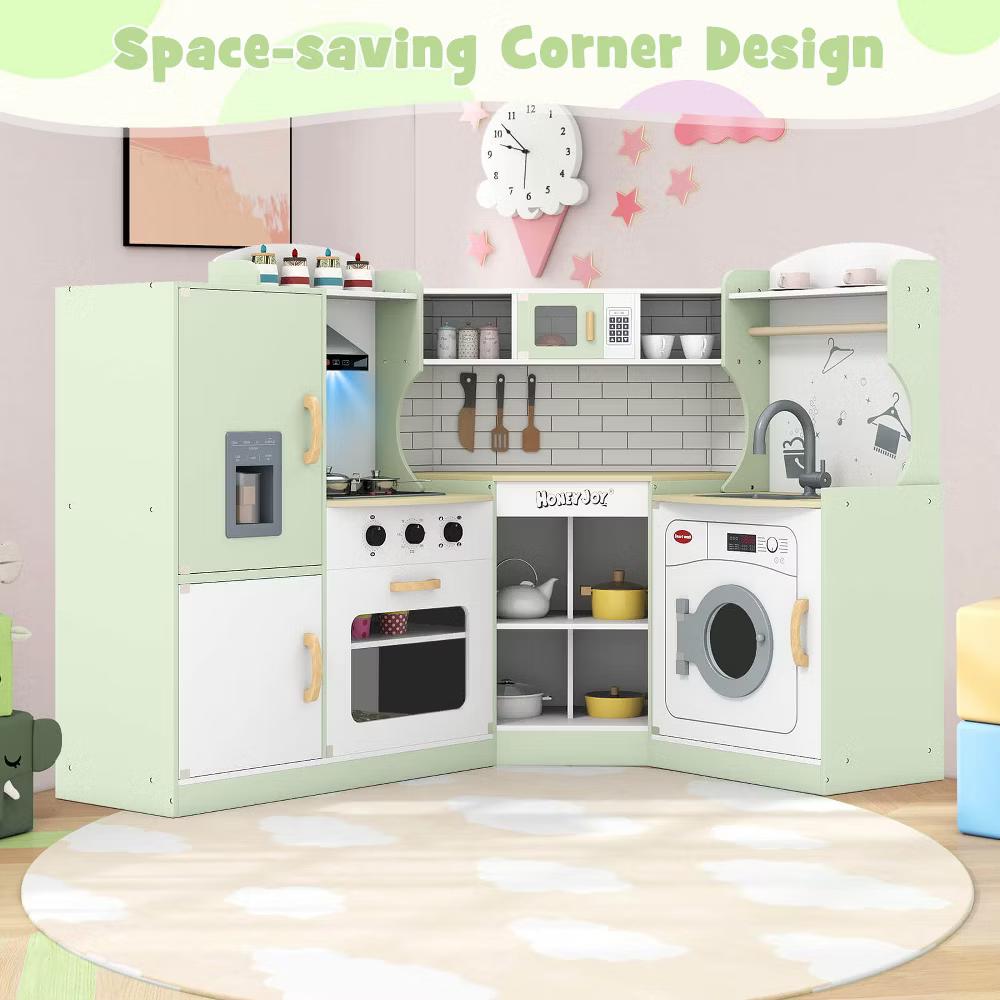 Corner Play Kitchen Toddler Kitchen Playset with Range Hood, Ice Maker, Microwave White/Pink - Image 19