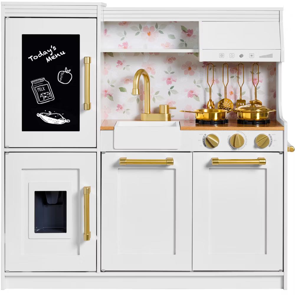 Pretend Play Kitchen with Framed Chalkboard - Pink with Flower Drawing - Image 9