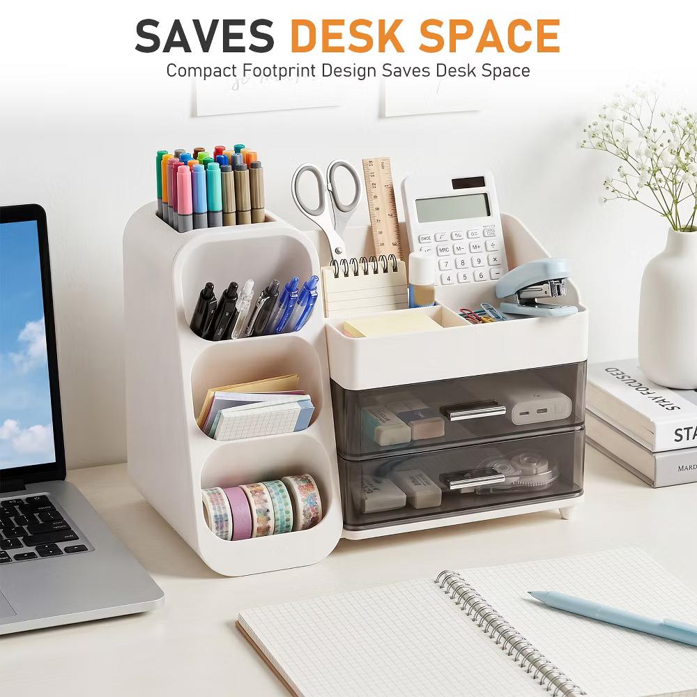 Desktop Organizer with Pen Holder, Multi-Grid Stationary Storage Caddy with 2 Clear Drawers for Office Supplies & Makeup - Image 15