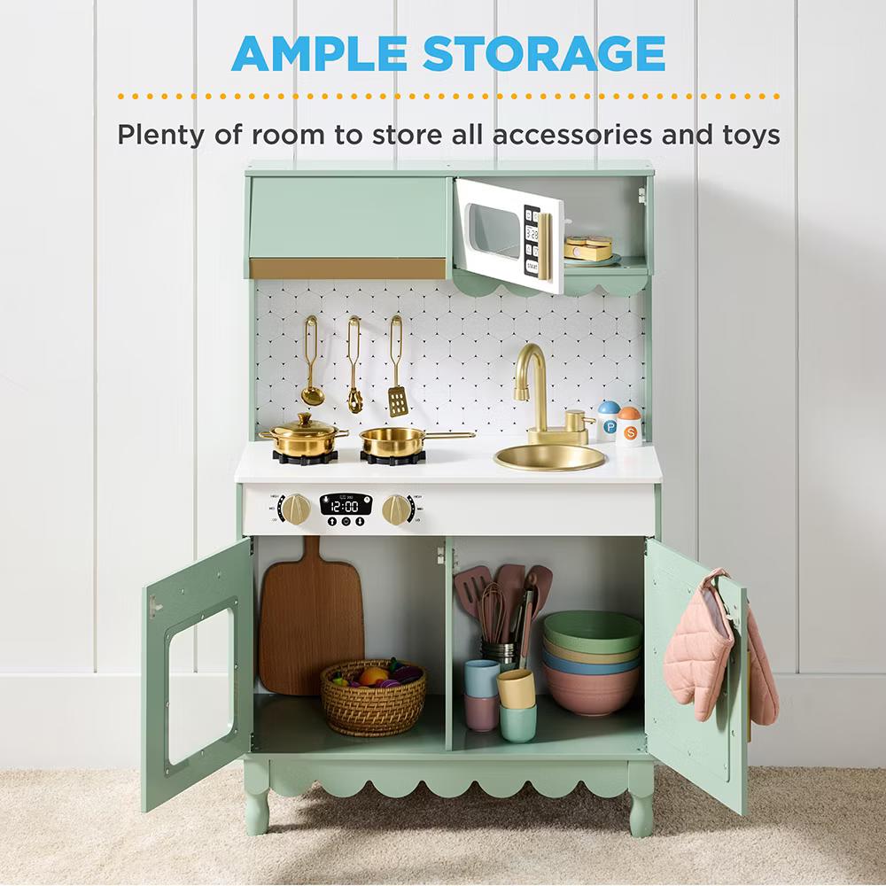 Wooden Cottage Kids Pretend Play Kitchen with 5 Accessories and Toy Storage - White - Image 60
