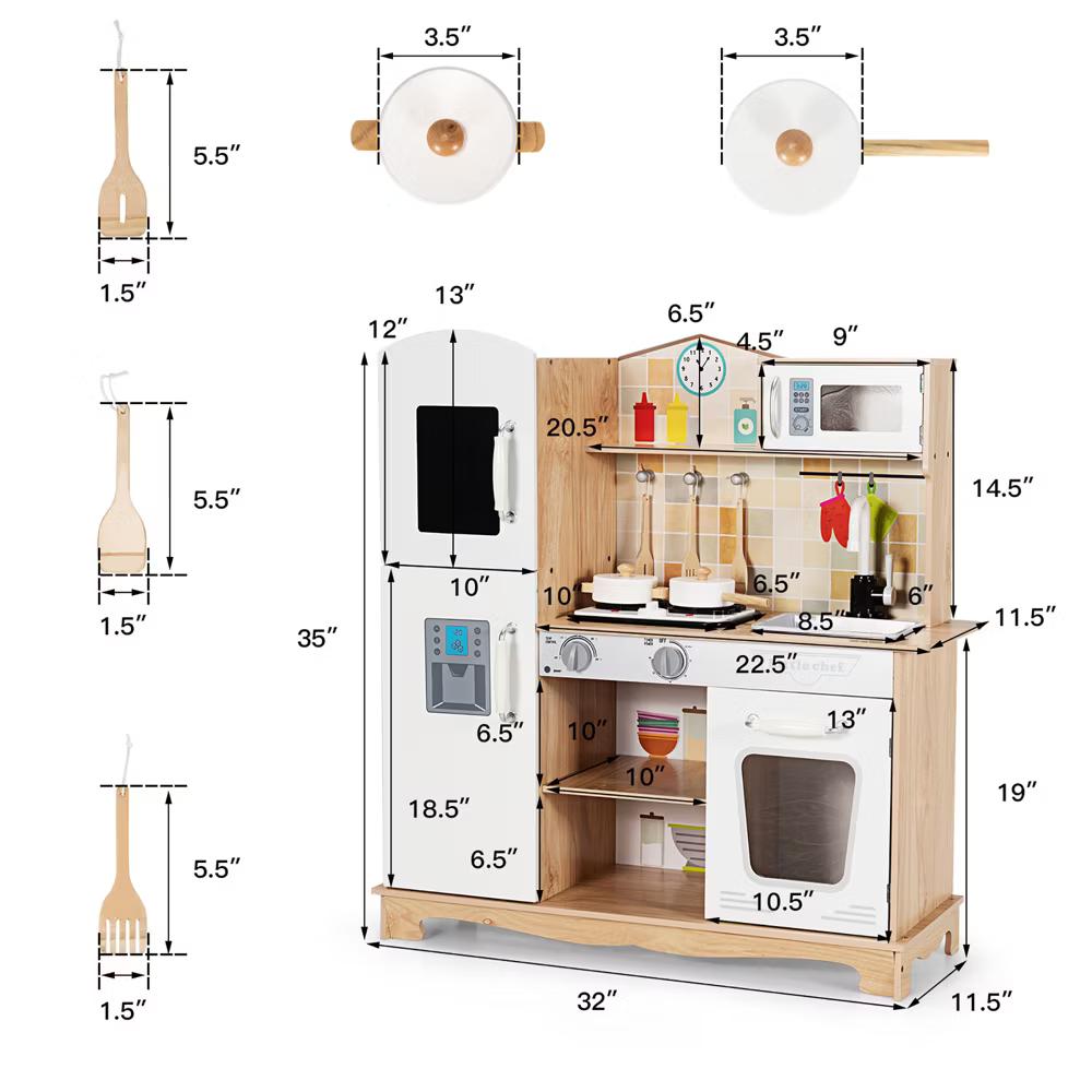 Wooden Kids Pretend Kitchen Playset Cooking Play Toy w/ Utensils & Sound - Image 4