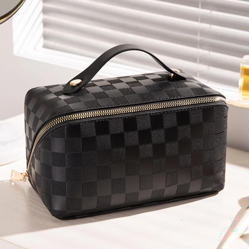 Checkered Makeup Bag, Large Capacity Cosmetic Bag with Handle, Portable Waterproof Travel Toiletry Organizer for Women - Image 9