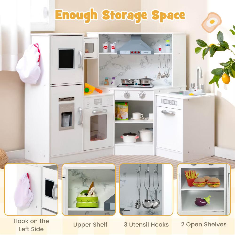 Kids Corner Kitchen Playset Wooden Pretend Play Toy with Microwave WhiteCoffee - Image 19