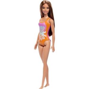 12.7" Beach Doll Brown Hair/Brown Eyes Wearing Tropical Pink and Orange Swimsuit