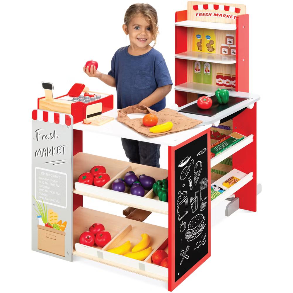 Kids Pretend Play Grocery Store Wooden Supermarket Set w/ Chalkboard, Cash Register - Red - Image 22