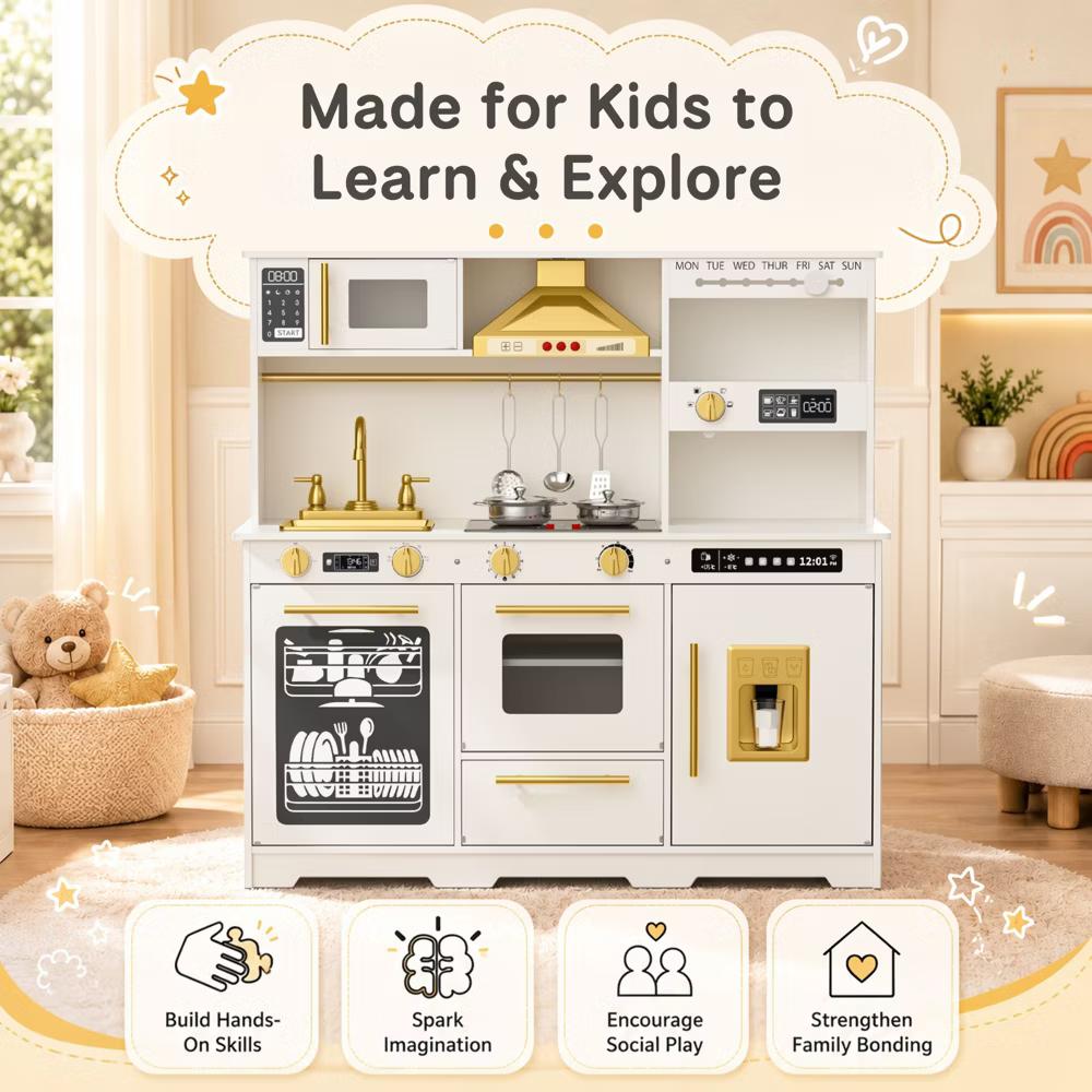 Wooden Play Kitchen for Kids with Running Water Sink, Interactive Stove, Ice Maker, Microwave, Oven & Dishwasher, Ages 3+ - Image 72