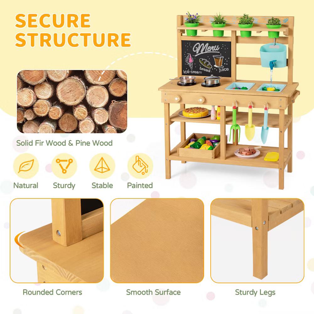 Kids Mud Kitchen with Faucet Removable Sinks Chalkboard Stovetops Rotation Knobs - Image 8