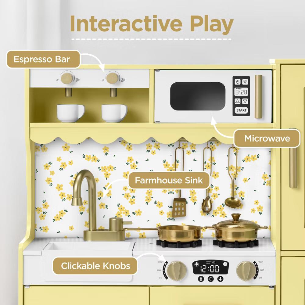 Wooden Cottage Kids Pretend Play Kitchen with 11 Accessories, Espresso Machine - Pink - Image 2