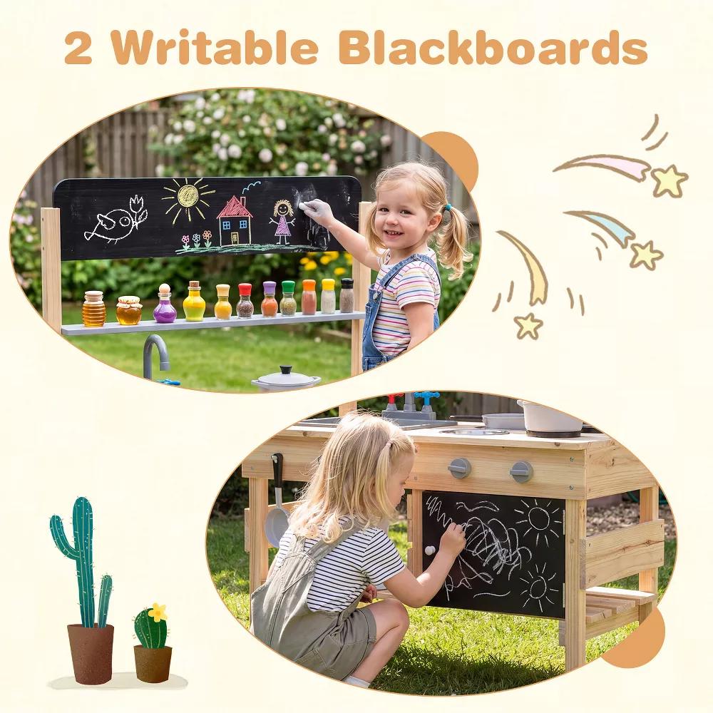 Outdoor Mud Kitchen for Kids, Wooden Play Pretend Kitchen with Cooking Accessories Natural - Image 7